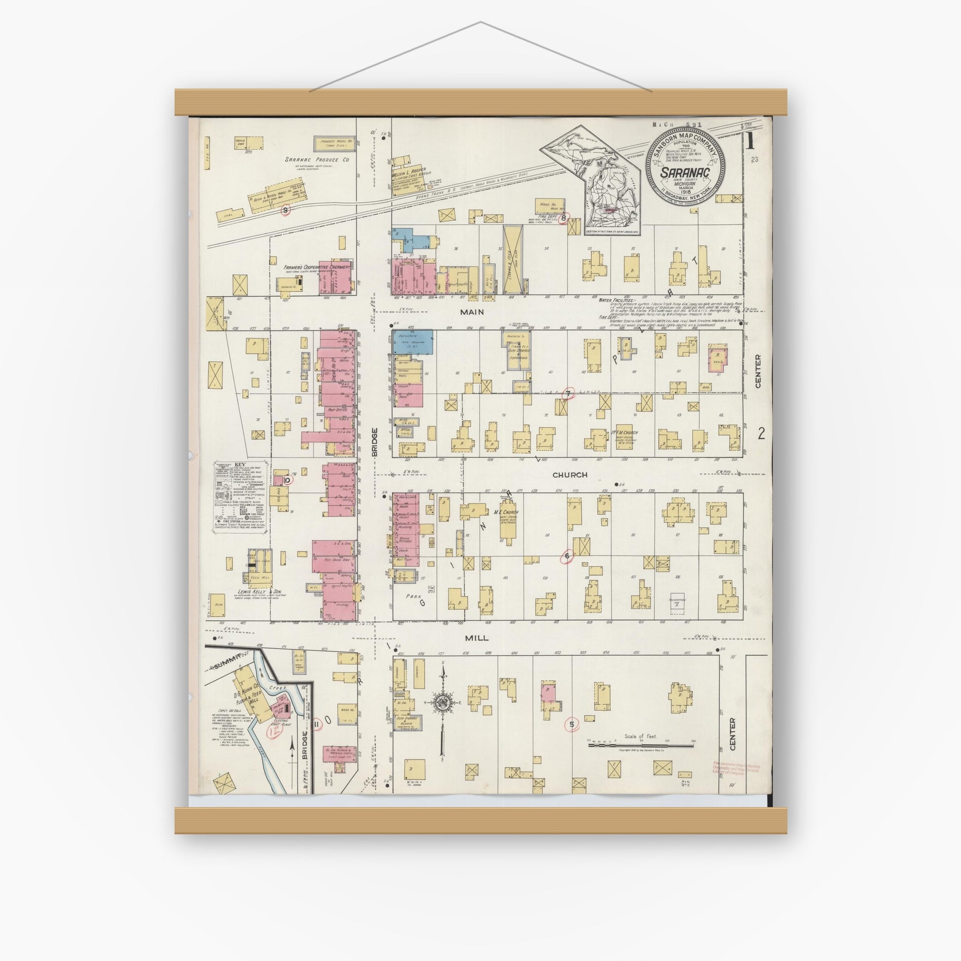 Old map wall art mockup — magnetic wood frame on white wall — Sanborn Fire Insurance Map from Saranac, Ionia County, Michigan (1918) - Complete Map Set