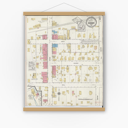 Old map wall art mockup — magnetic wood frame on white wall — Sanborn Fire Insurance Map from Saranac, Ionia County, Michigan (1918) - Complete Map Set