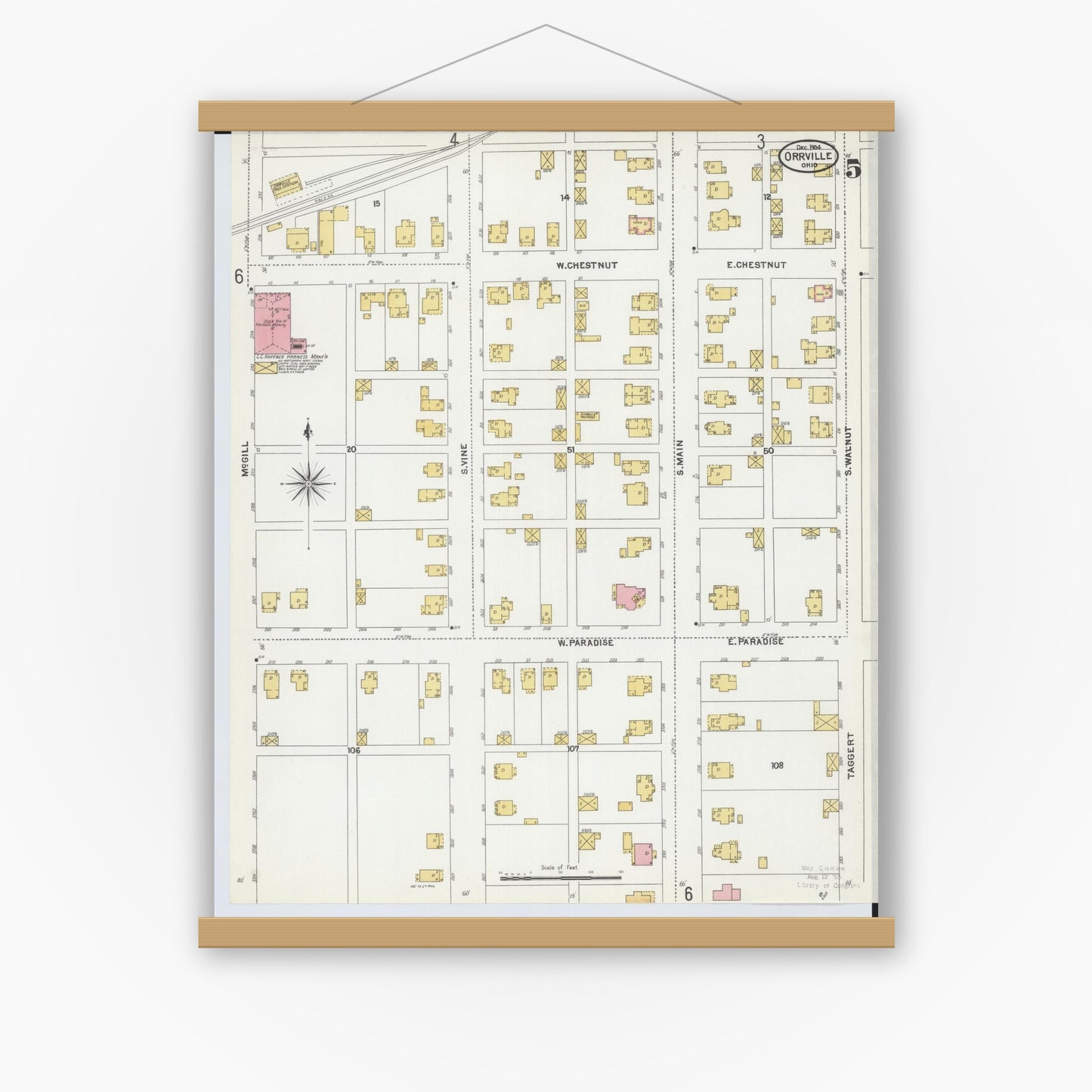 Old map wall art mockup — magnetic wood frame on white wall — Sanborn Fire Insurance Map from Orrville, Wayne County, Ohio (1904), Sheet #0005
