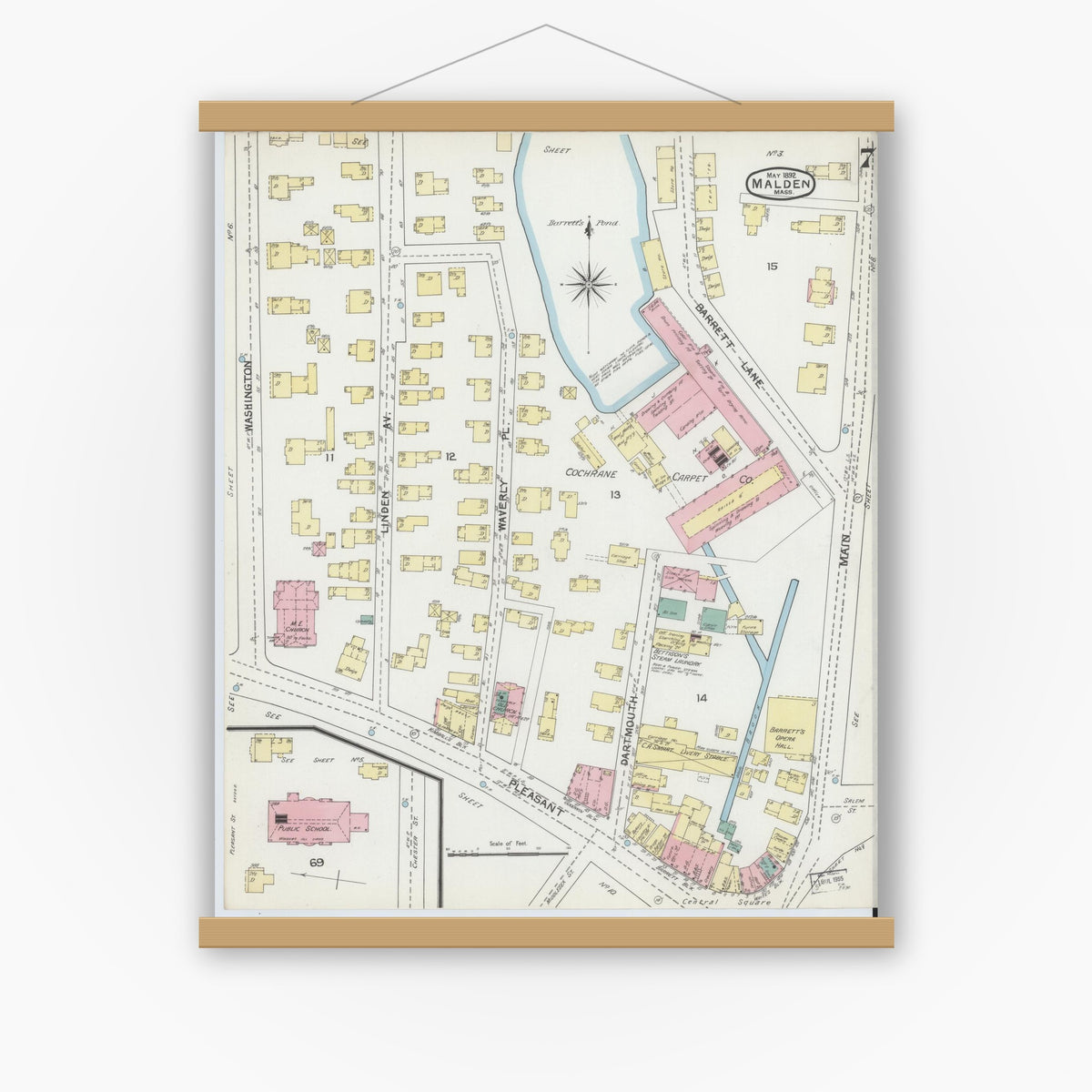 Old map wall art mockup — magnetic wood frame on white wall — Sanborn Fire Insurance Map from Malden, Middlesex County, Massachusetts (1892), Sheet #0007