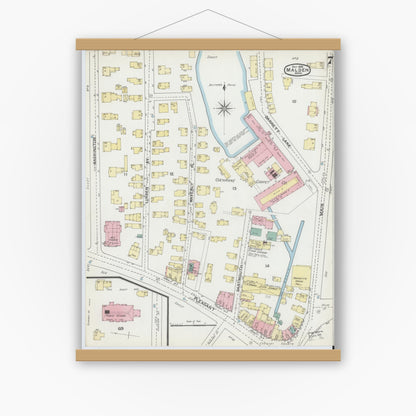 Old map wall art mockup — magnetic wood frame on white wall — Sanborn Fire Insurance Map from Malden, Middlesex County, Massachusetts (1892), Sheet #0007