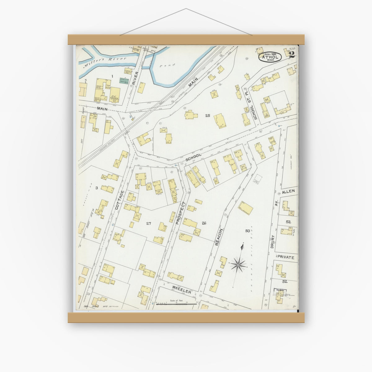 Old map wall art mockup — magnetic wood frame on white wall — Sanborn Fire Insurance Map from Athol, Worcester County, Massachusetts (1892), Sheet #0002