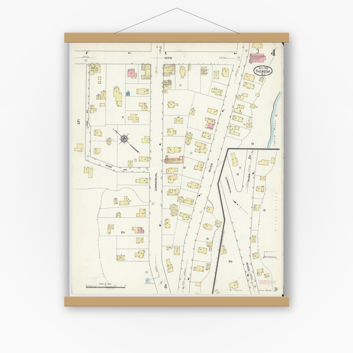 Old map wall art mockup — magnetic wood frame on white wall — Sanborn Fire Insurance Map from Theresa, Jefferson County, New York (1912), Sheet #0004
