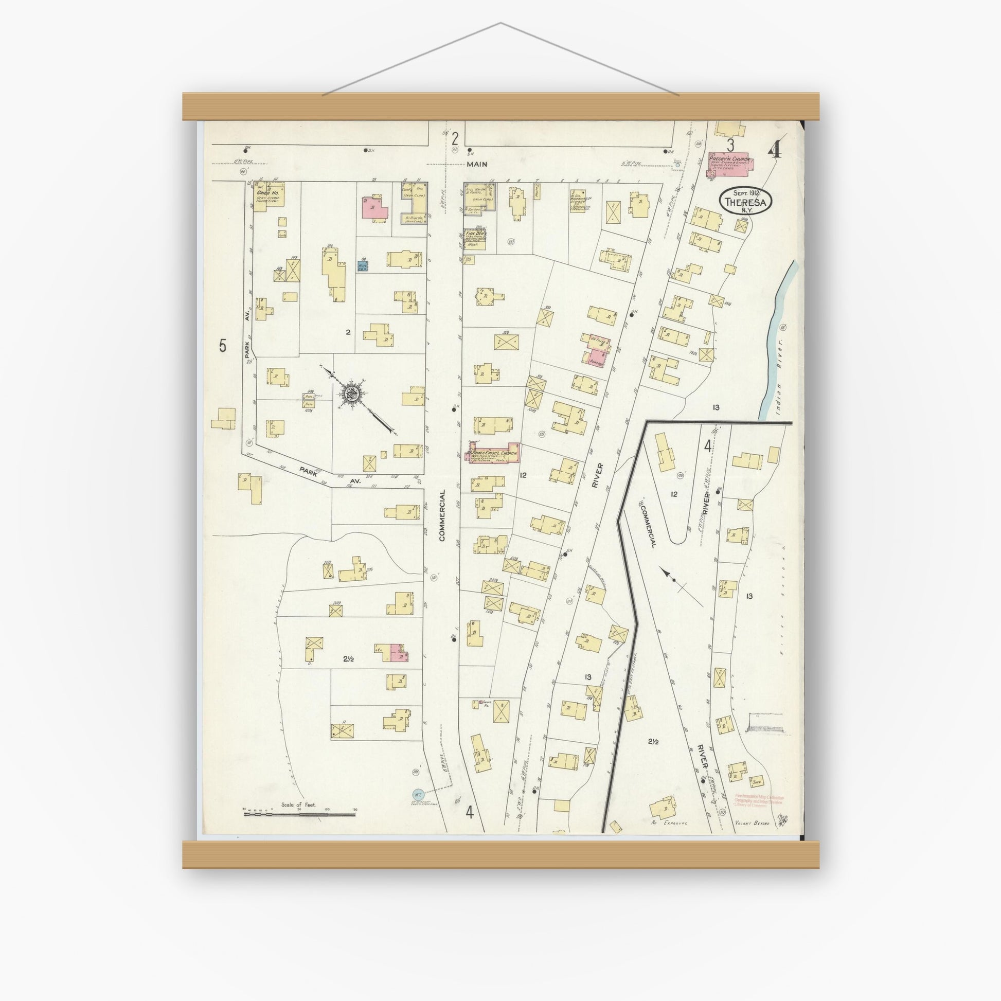 Old map wall art mockup — magnetic wood frame on white wall — Sanborn Fire Insurance Map from Theresa, Jefferson County, New York (1912), Sheet #0004