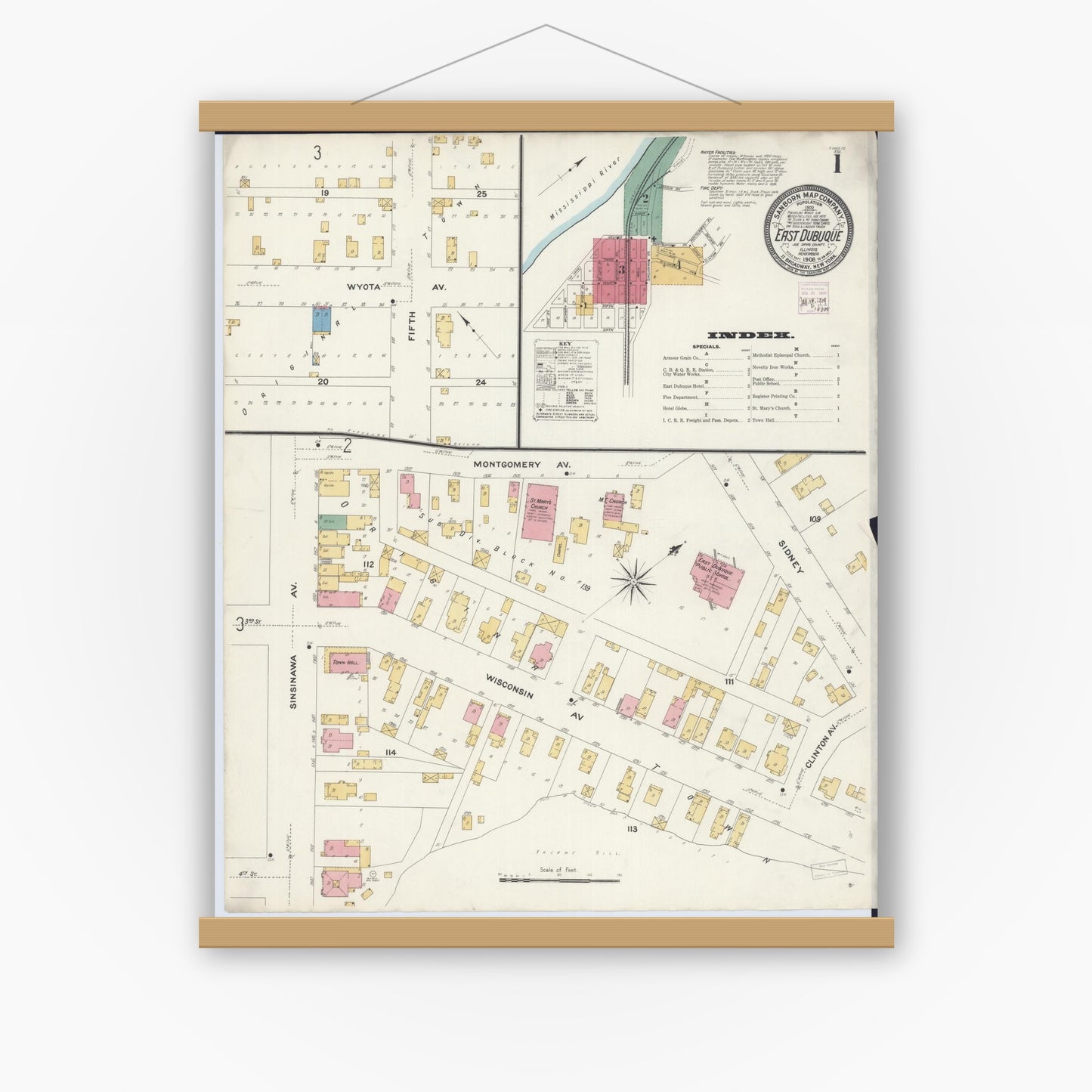 Old map wall art mockup — magnetic wood frame on white wall — Sanborn Fire Insurance Map from East Dubuque, Jo Daviess County, Illinois (1908), Sheet #0001