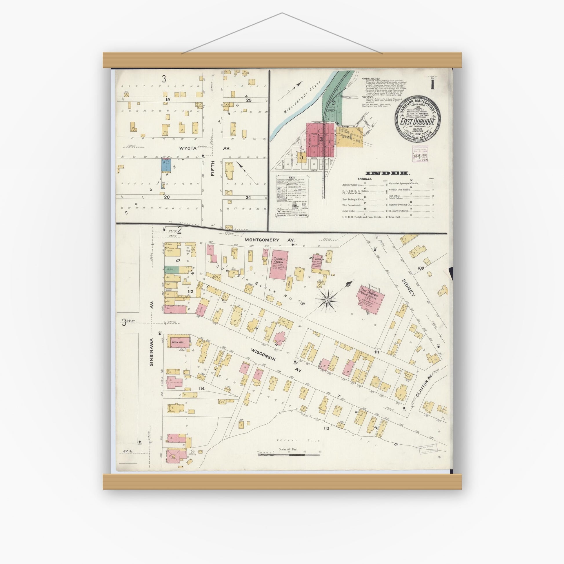 Old map wall art mockup — magnetic wood frame on white wall — Sanborn Fire Insurance Map from East Dubuque, Jo Daviess County, Illinois (1908), Sheet #0001