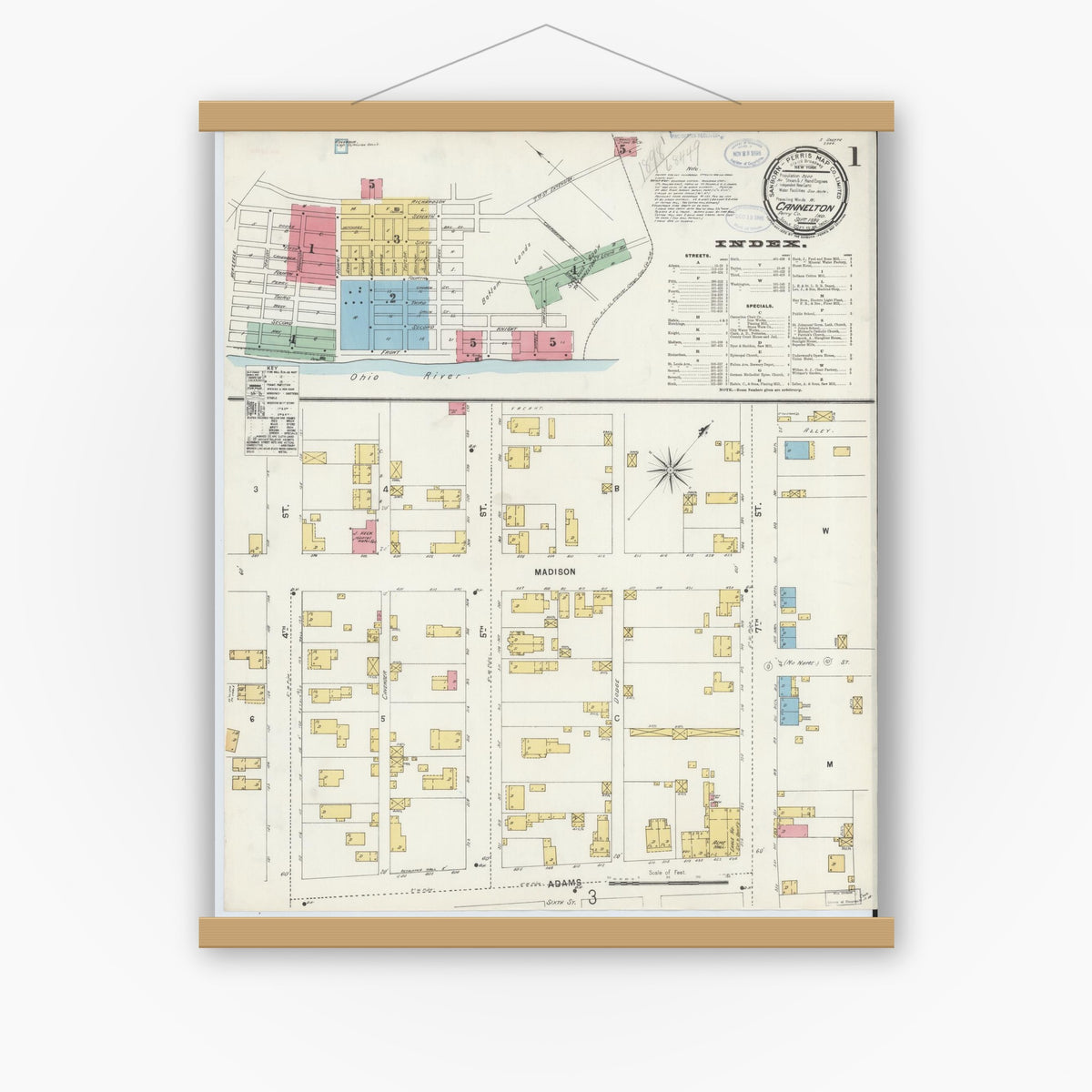 Old map wall art mockup — magnetic wood frame on white wall — Sanborn Fire Insurance Map from Cannelton, Perry County, Indiana (1898) - Complete Map Set