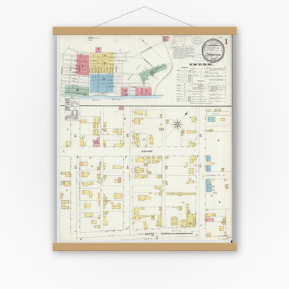 Old map wall art mockup — magnetic wood frame on white wall — Sanborn Fire Insurance Map from Cannelton, Perry County, Indiana (1898) - Complete Map Set