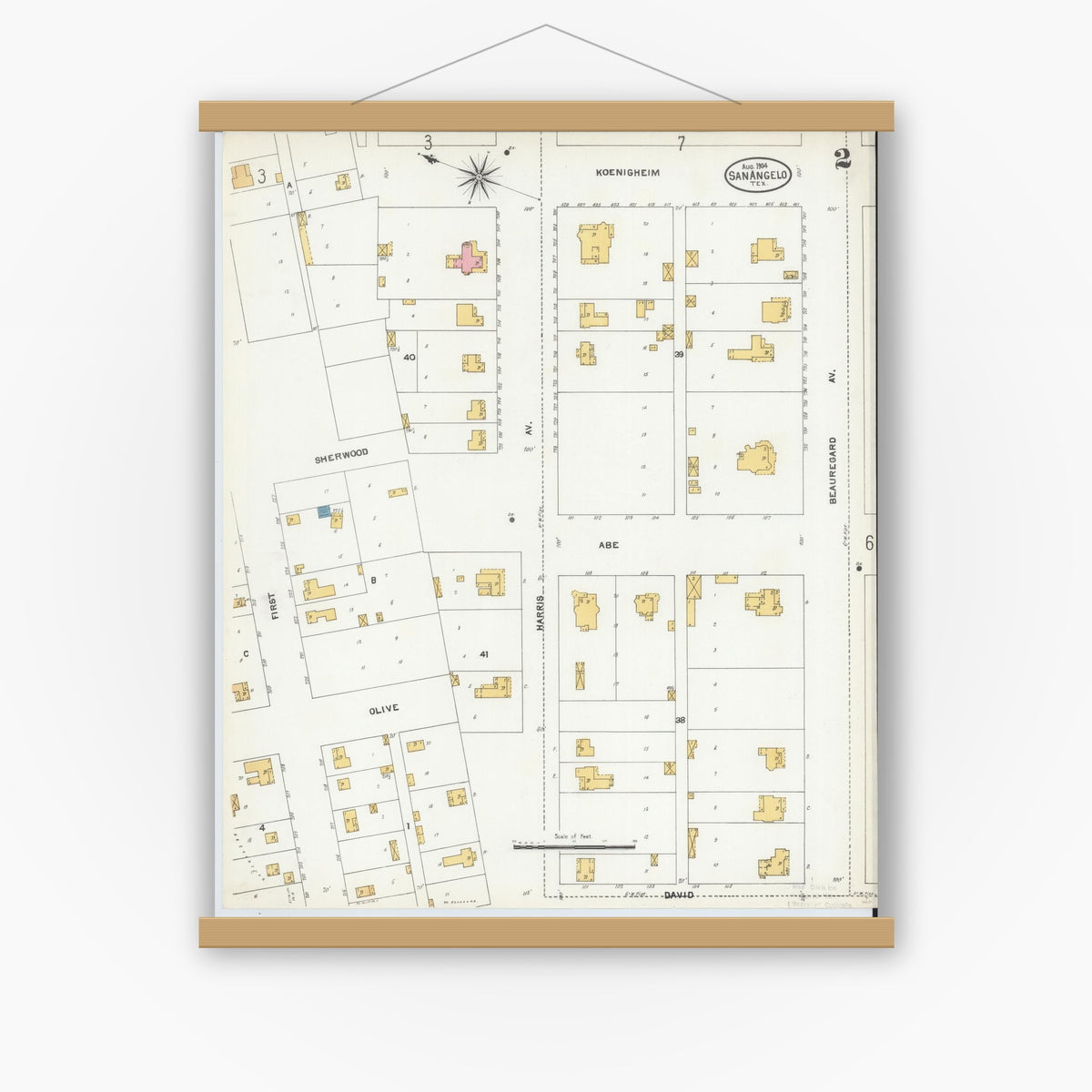 Old map wall art mockup — magnetic wood frame on white wall — Sanborn Fire Insurance Map from San Angelo, Tom Green County, Texas (1904), Sheet #0002