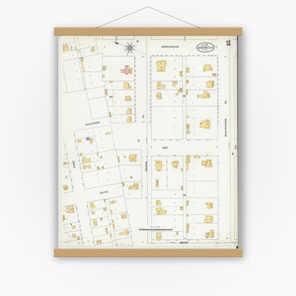 Old map wall art mockup — magnetic wood frame on white wall — Sanborn Fire Insurance Map from San Angelo, Tom Green County, Texas (1904), Sheet #0002