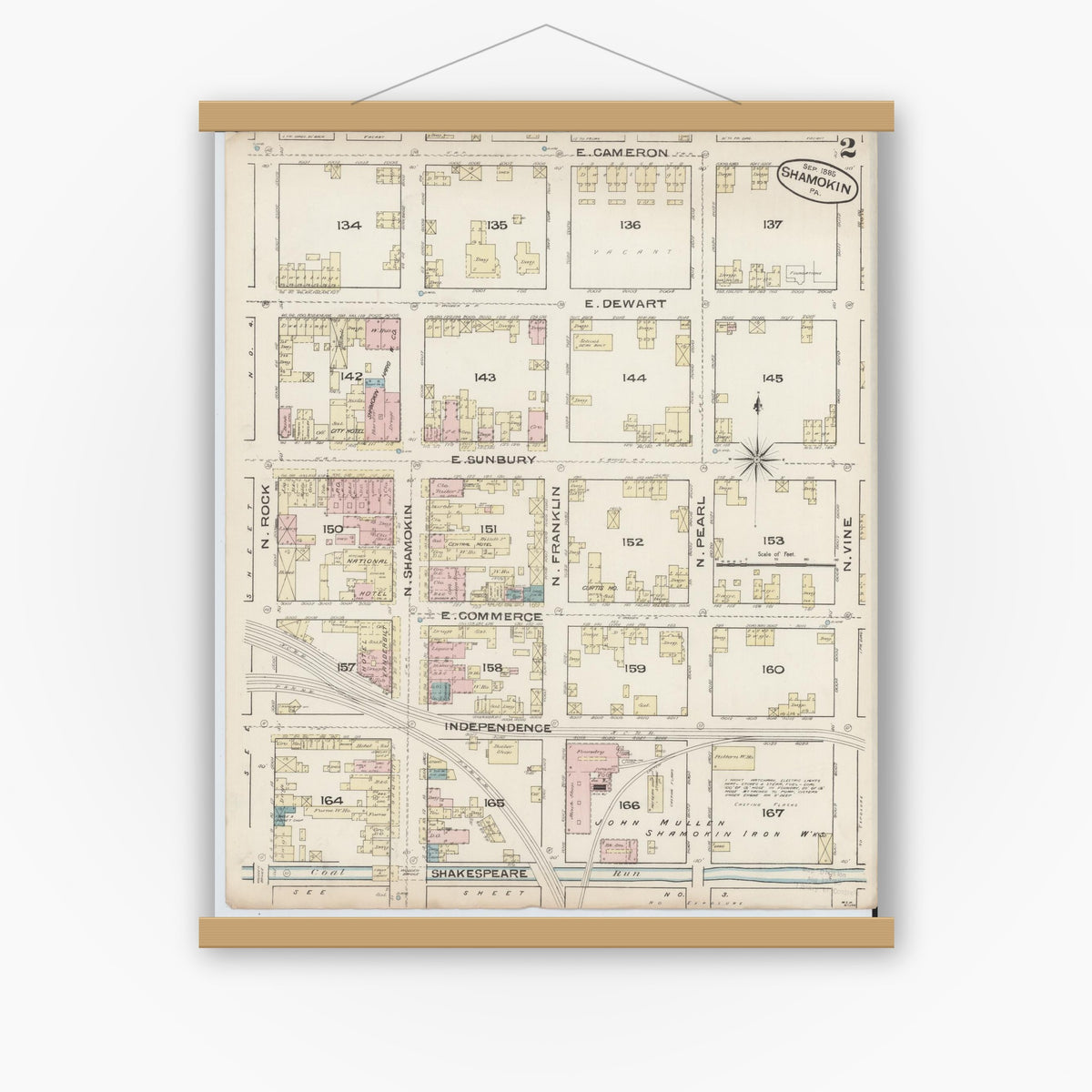 Old map wall art mockup — magnetic wood frame on white wall — Sanborn Fire Insurance Map from Shamokin, Northumberland County, Pennsylvania (1885), Sheet #0002