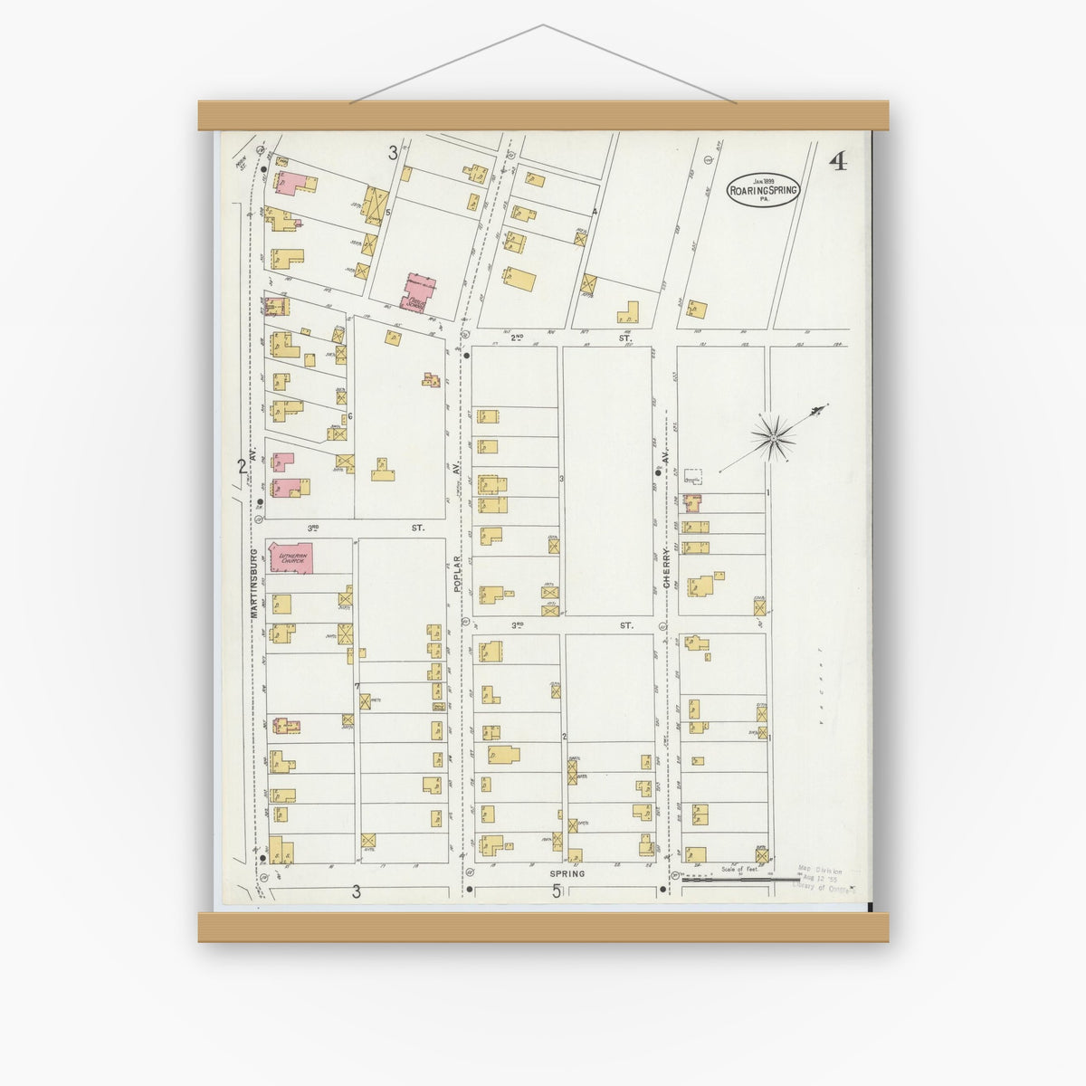 Old map wall art mockup — magnetic wood frame on white wall — Sanborn Fire Insurance Map from Roaring Spring, Blair County, Pennsylvania (1899), Sheet #0004