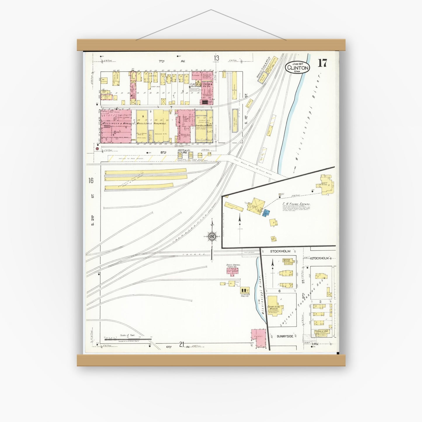 Old map wall art mockup — magnetic wood frame on white wall — Sanborn Fire Insurance Map from Clinton, Clinton County, Iowa (1917), Sheet #0017