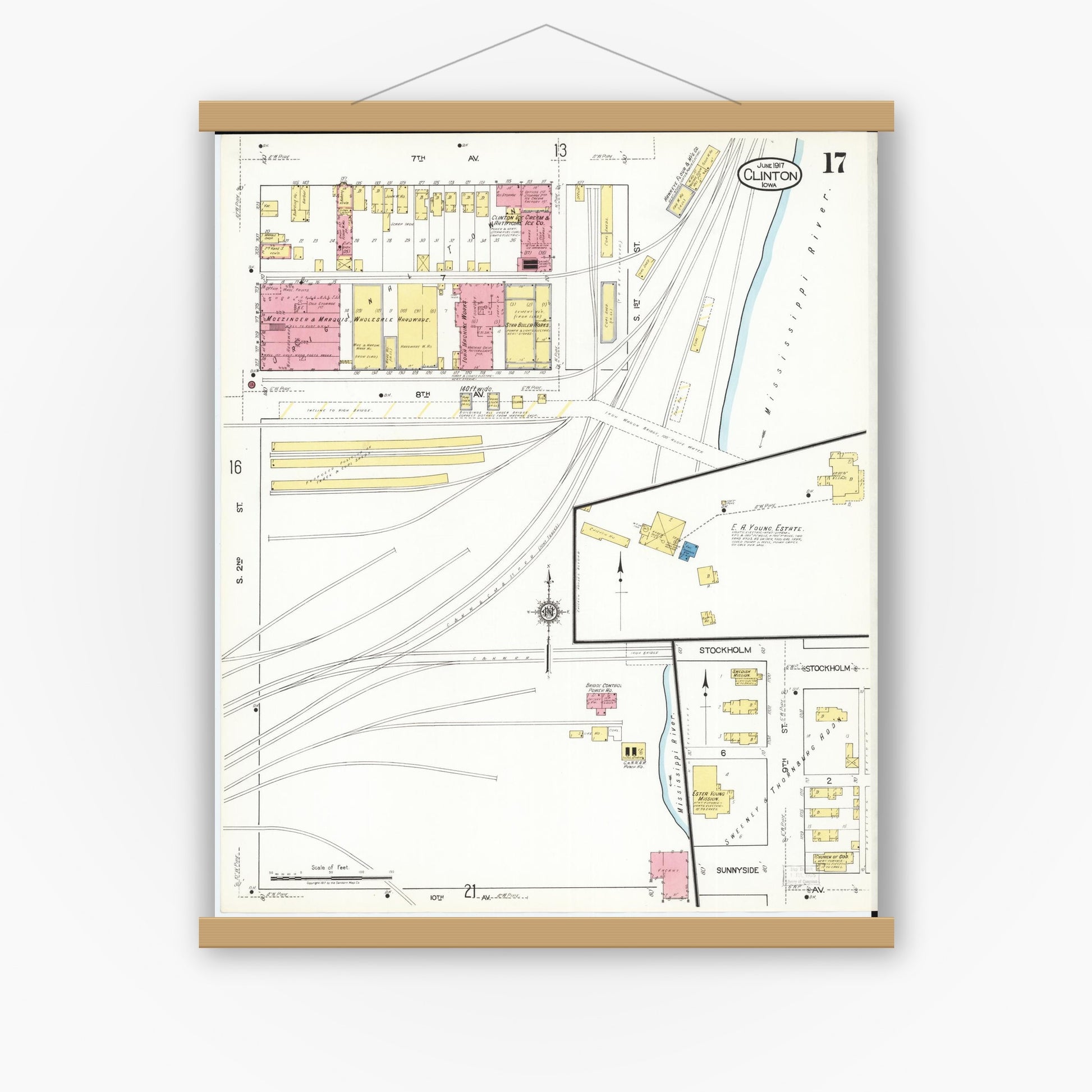Old map wall art mockup — magnetic wood frame on white wall — Sanborn Fire Insurance Map from Clinton, Clinton County, Iowa (1917), Sheet #0017