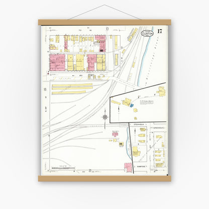 Old map wall art mockup — magnetic wood frame on white wall — Sanborn Fire Insurance Map from Clinton, Clinton County, Iowa (1917), Sheet #0017