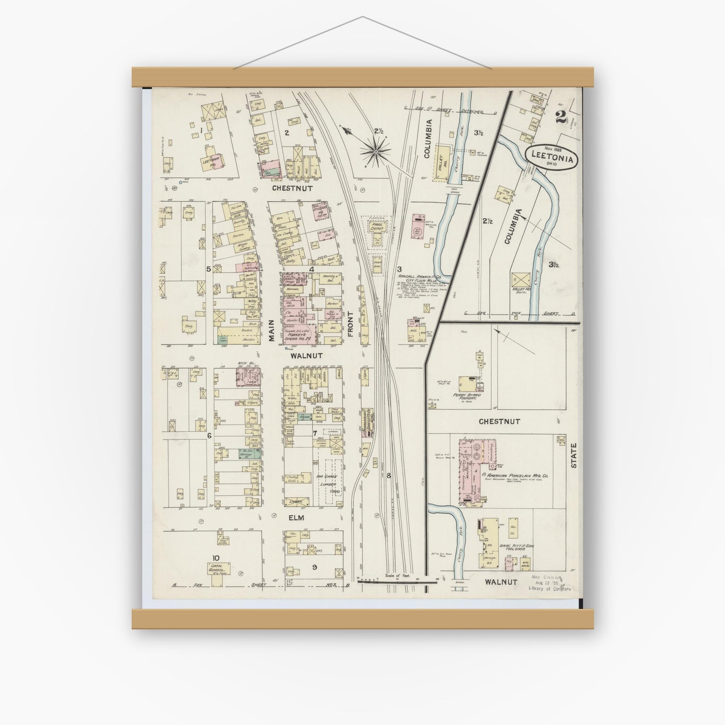 Old map wall art mockup — magnetic wood frame on white wall — Sanborn Fire Insurance Map from Leetonia, Columbiana County, Ohio (1888), Sheet #0002