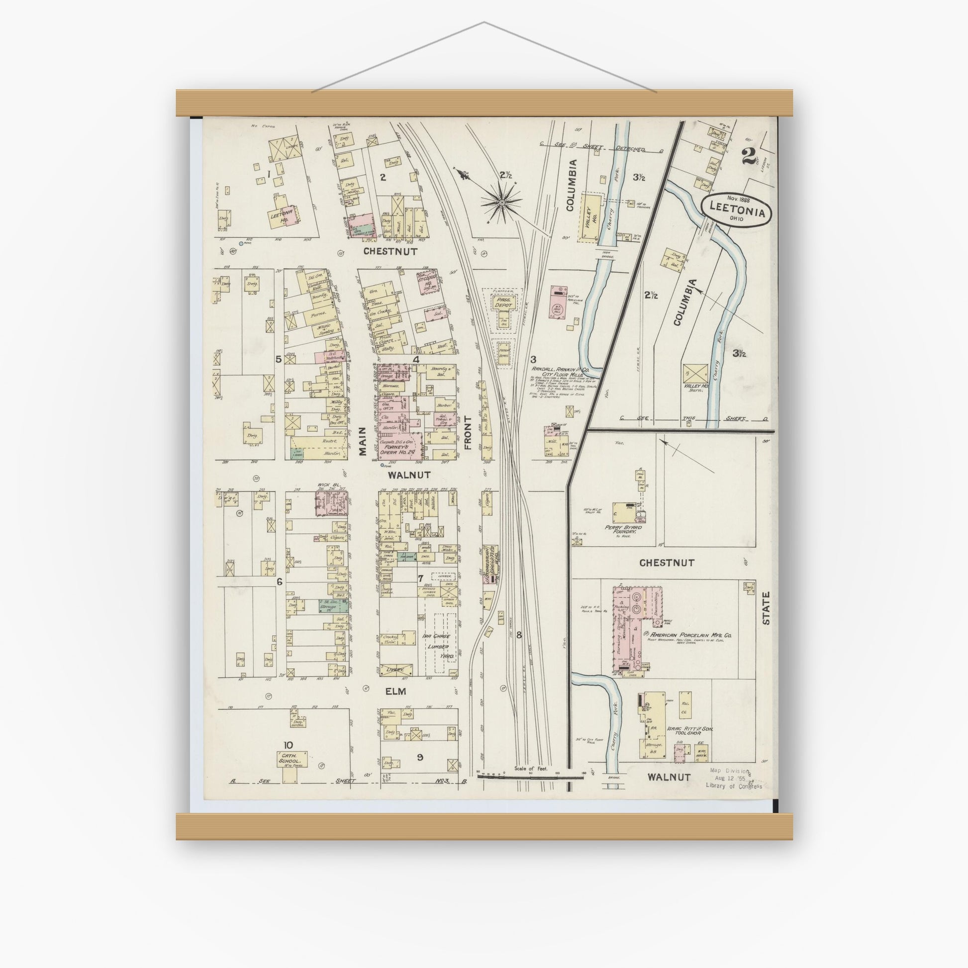 Old map wall art mockup — magnetic wood frame on white wall — Sanborn Fire Insurance Map from Leetonia, Columbiana County, Ohio (1888), Sheet #0002