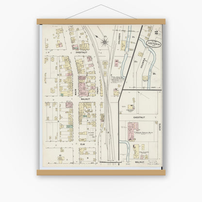 Old map wall art mockup — magnetic wood frame on white wall — Sanborn Fire Insurance Map from Leetonia, Columbiana County, Ohio (1888), Sheet #0002