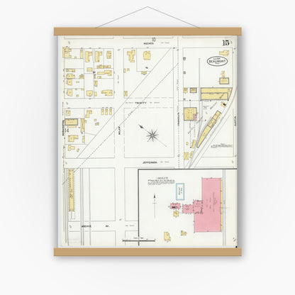 Old map wall art mockup — magnetic wood frame on white wall — Sanborn Fire Insurance Map from Beaumont, Jefferson County, Texas (1904), Sheet #0015