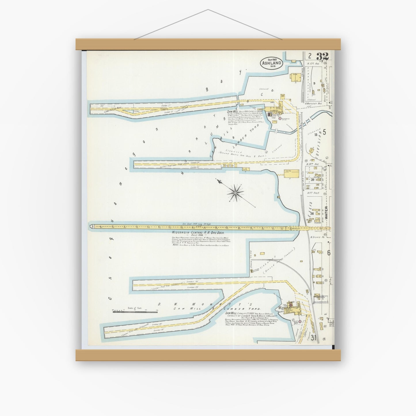 Old map wall art mockup — magnetic wood frame on white wall — Sanborn Fire Insurance Map from Ashland, Ashland County, Wisconsin (1901), Sheet #0032