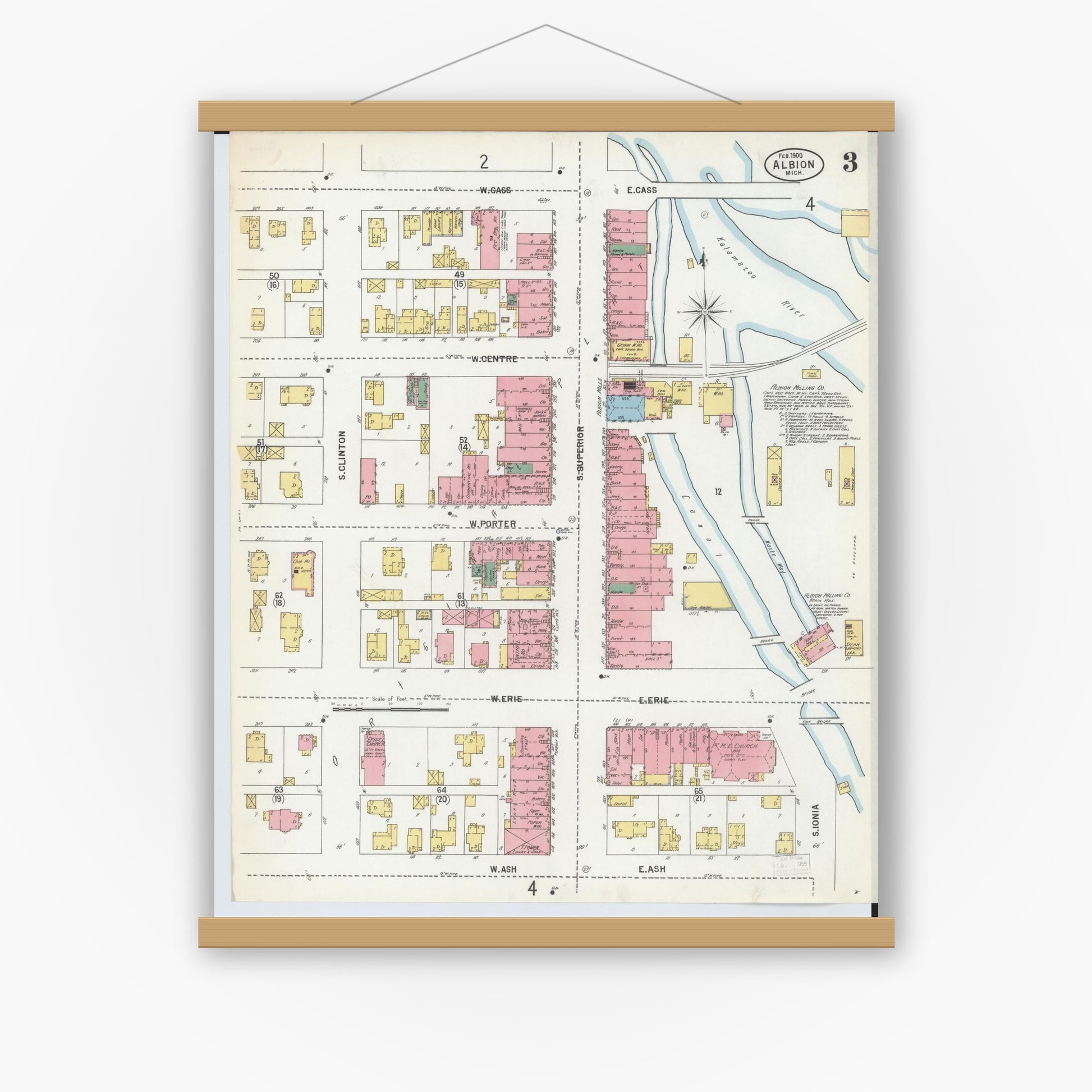 Old map wall art mockup — magnetic wood frame on white wall — Sanborn Fire Insurance Map from Albion, Calhoun County, Michigan (1900), Sheet #0003