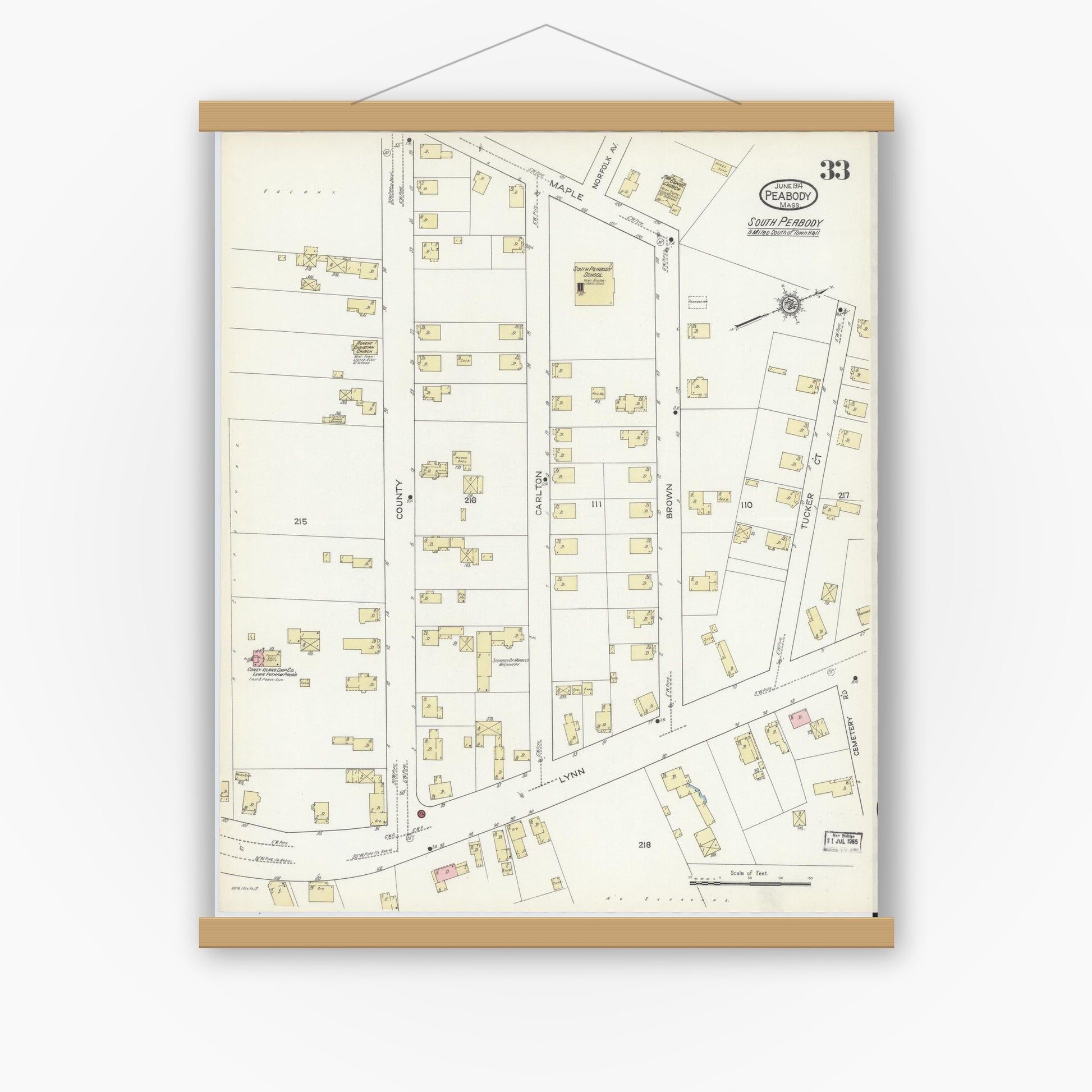 Old map wall art mockup — magnetic wood frame on white wall — Sanborn Fire Insurance Map from Peabody, Essex County, Massachusetts (1914), Sheet #0033