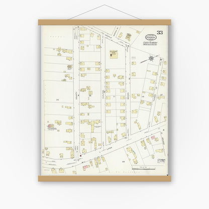 Old map wall art mockup — magnetic wood frame on white wall — Sanborn Fire Insurance Map from Peabody, Essex County, Massachusetts (1914), Sheet #0033