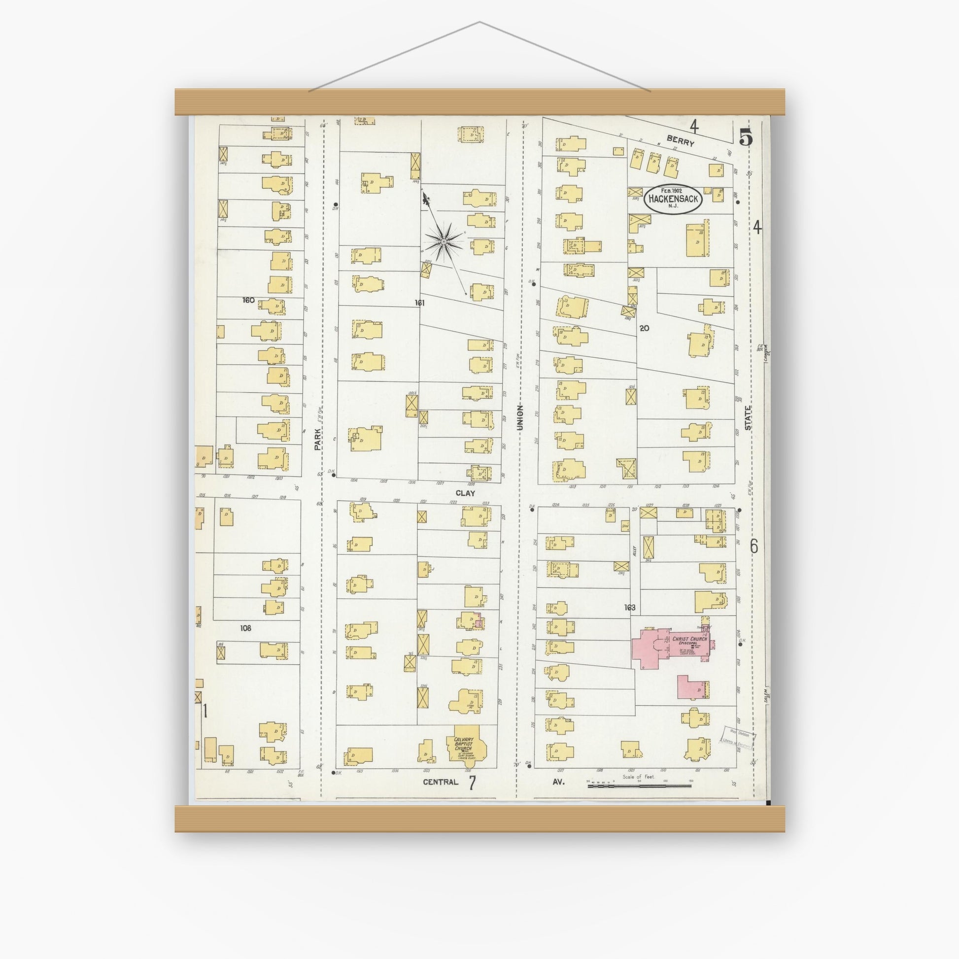 Old map wall art mockup — magnetic wood frame on white wall — Sanborn Fire Insurance Map from Hackensack, Bergen County, New Jersey (1902), Sheet #0005