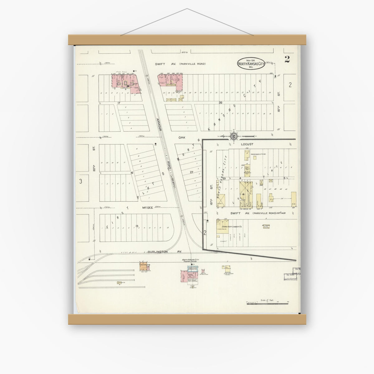Old map wall art mockup — magnetic wood frame on white wall — Sanborn Fire Insurance Map from North Kansas City, Clay County, Missouri (1914), Sheet #0002
