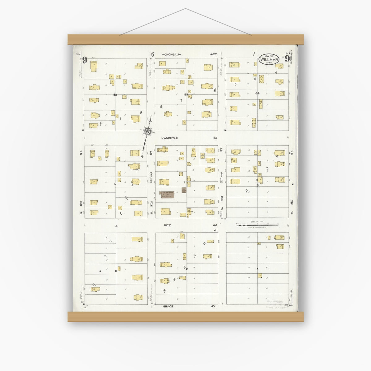 Old map wall art mockup — magnetic wood frame on white wall — Sanborn Fire Insurance Map from Willmar, Kandiyohi County, Minnesota (1925), Sheet #0009