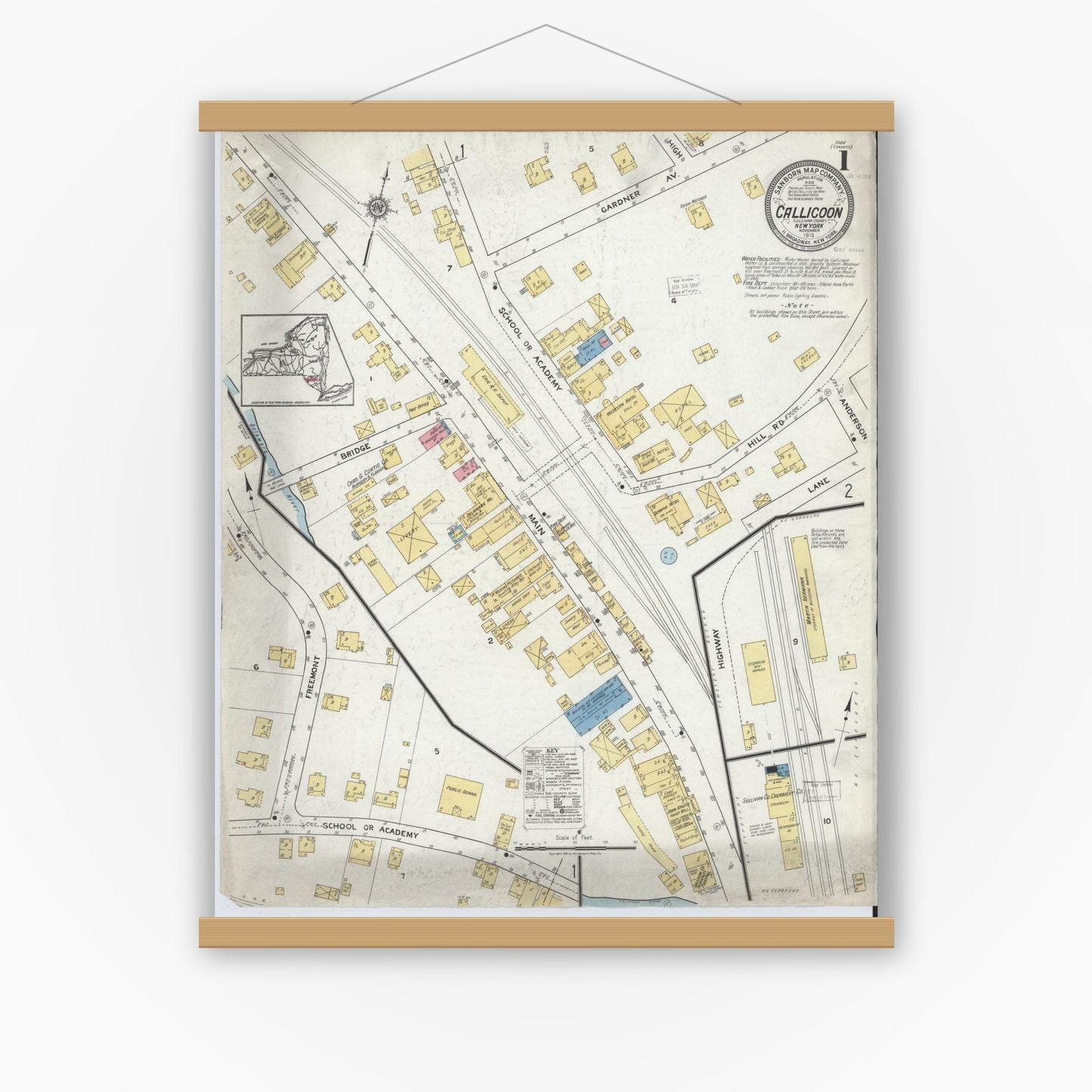 Old map wall art mockup — magnetic wood frame on white wall — Sanborn Fire Insurance Map from Callicoon, Sullivan County, New York (1918), Sheet #0001