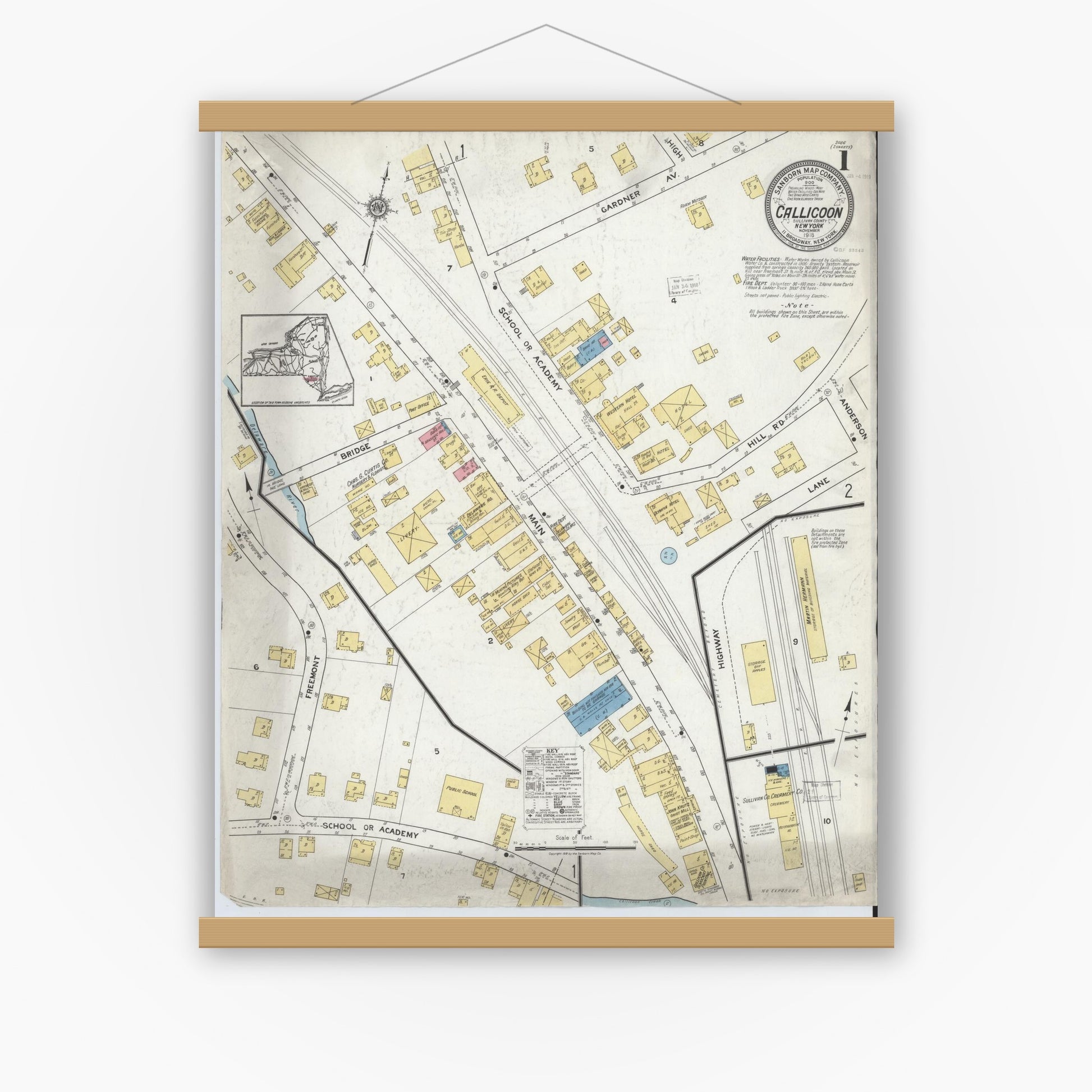 Old map wall art mockup — magnetic wood frame on white wall — Sanborn Fire Insurance Map from Callicoon, Sullivan County, New York (1918), Sheet #0001