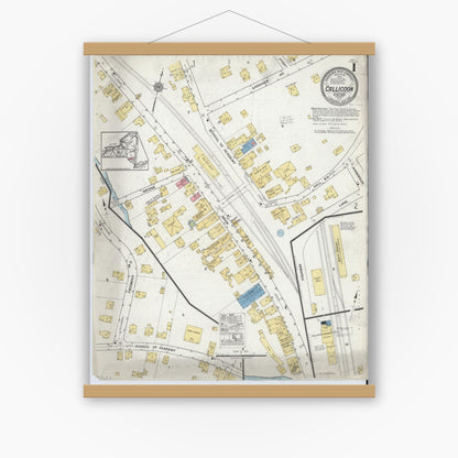 Old map wall art mockup — magnetic wood frame on white wall — Sanborn Fire Insurance Map from Callicoon, Sullivan County, New York (1918), Sheet #0001