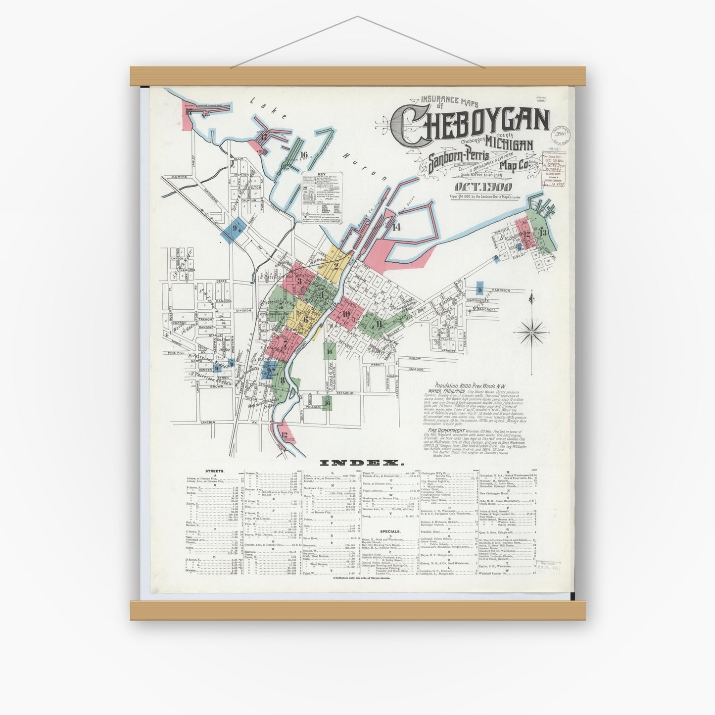 Old map wall art mockup — magnetic wood frame on white wall — Sanborn Fire Insurance Map from Cheboygan, Cheboygan County, Michigan (1900), Sheet #0001