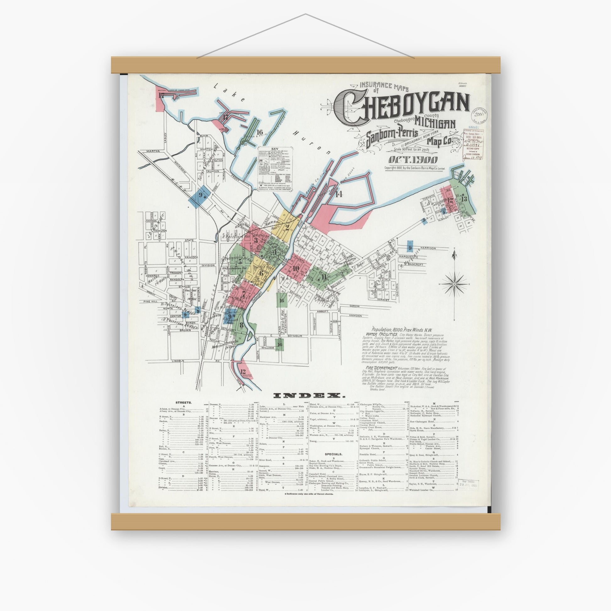 Old map wall art mockup — magnetic wood frame on white wall — Sanborn Fire Insurance Map from Cheboygan, Cheboygan County, Michigan (1900), Sheet #0001
