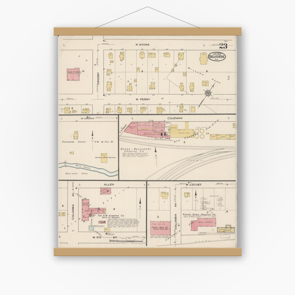 Old map wall art mockup — magnetic wood frame on white wall — Sanborn Fire Insurance Map from Belvidere, Boone County, Illinois (1922), Sheet #0023