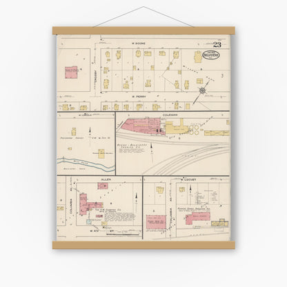Old map wall art mockup — magnetic wood frame on white wall — Sanborn Fire Insurance Map from Belvidere, Boone County, Illinois (1922), Sheet #0023