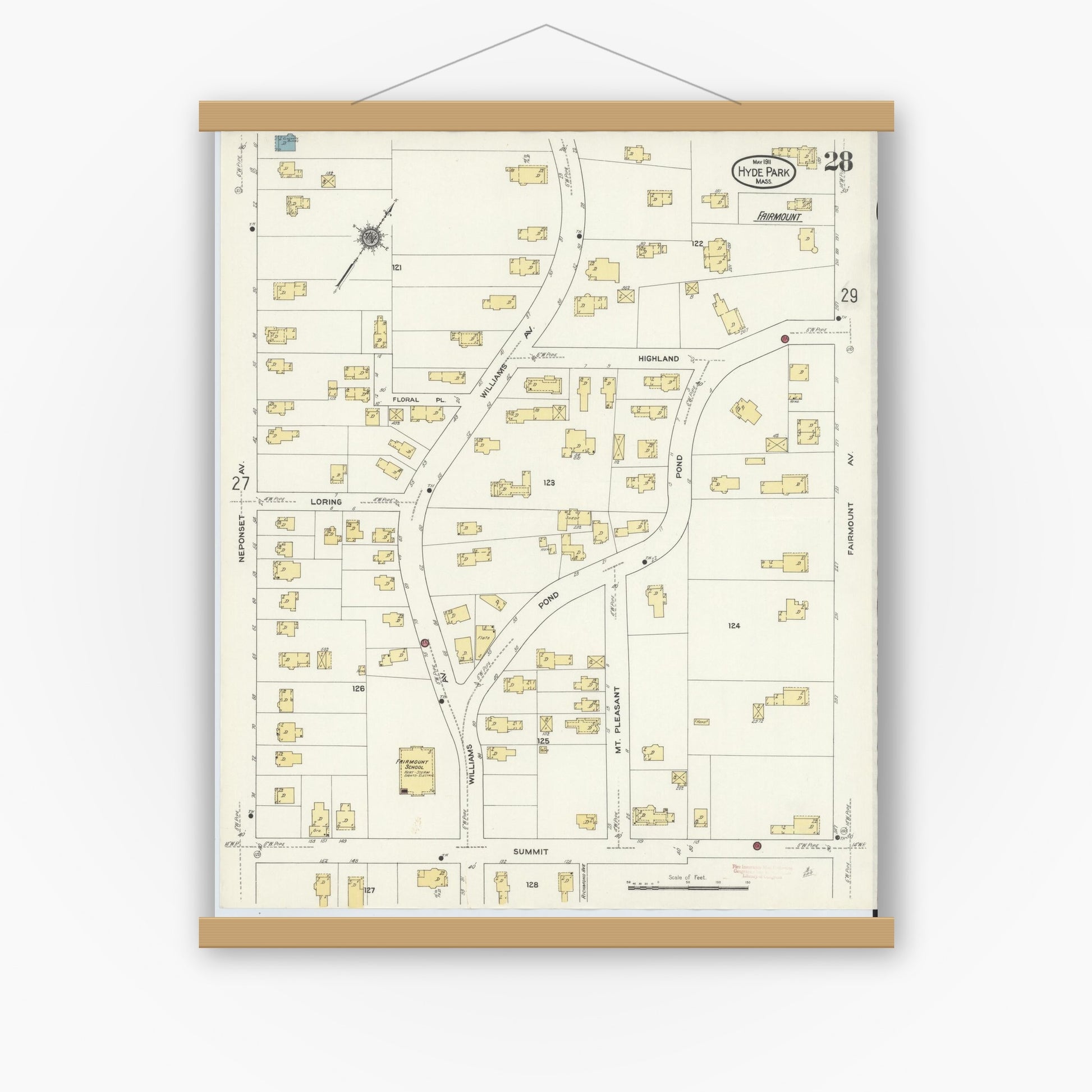 Old map wall art mockup — magnetic wood frame on white wall — Sanborn Fire Insurance Map from Hyde Park, Norfolk County, Massachusetts (1911), Sheet #0028