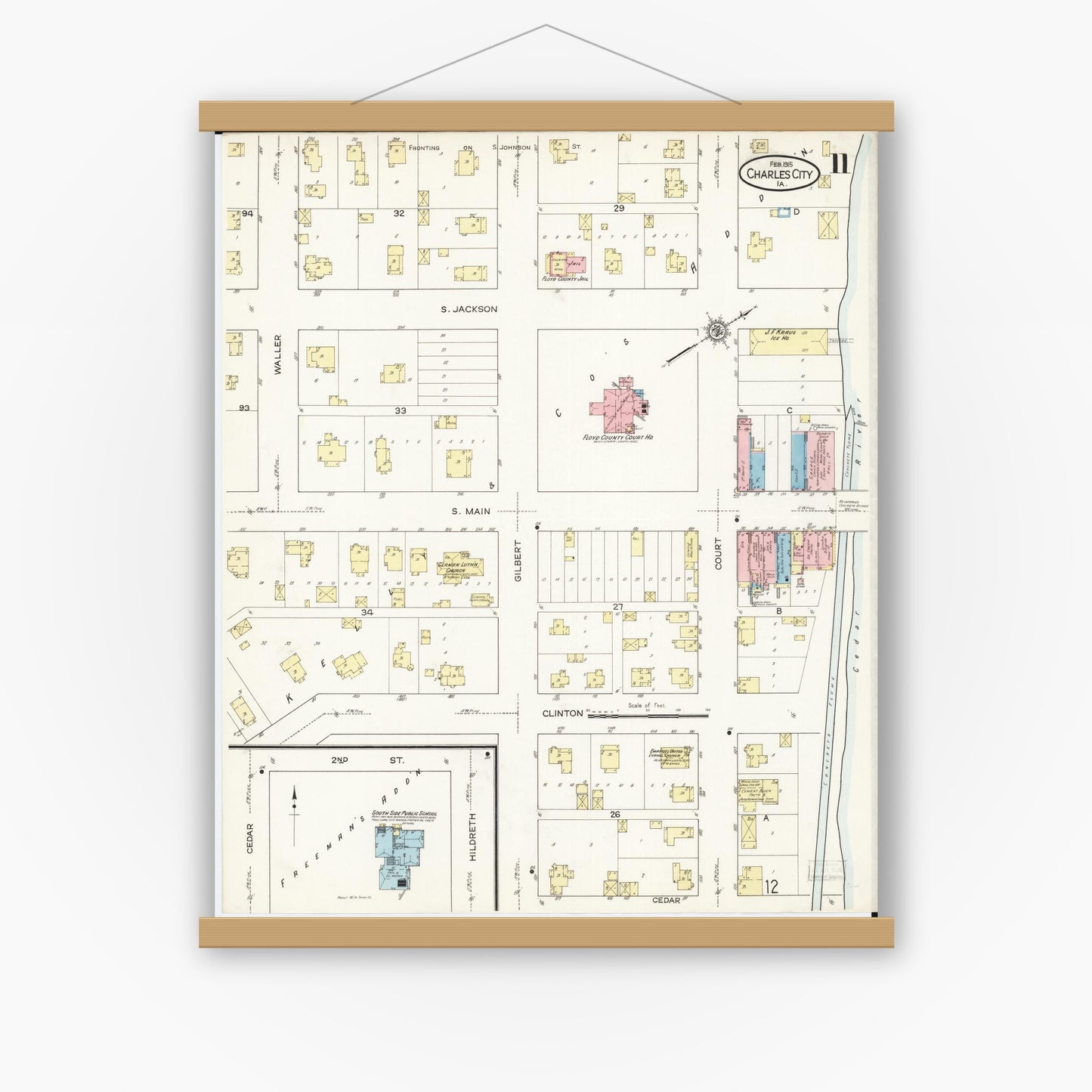 Old map wall art mockup — magnetic wood frame on white wall — Sanborn Fire Insurance Map from Charles City, Floyd County, Iowa (1915), Sheet #0011