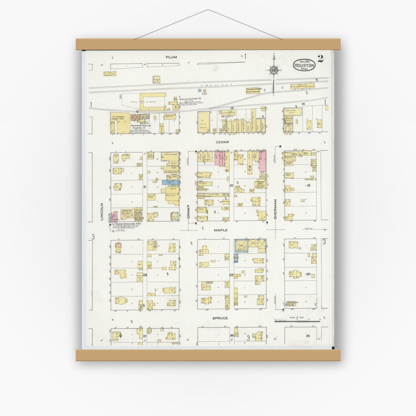 Old map wall art mockup — magnetic wood frame on white wall — Sanborn Fire Insurance Map from Houston, Houston County, Minnesota (1915), Sheet #0002