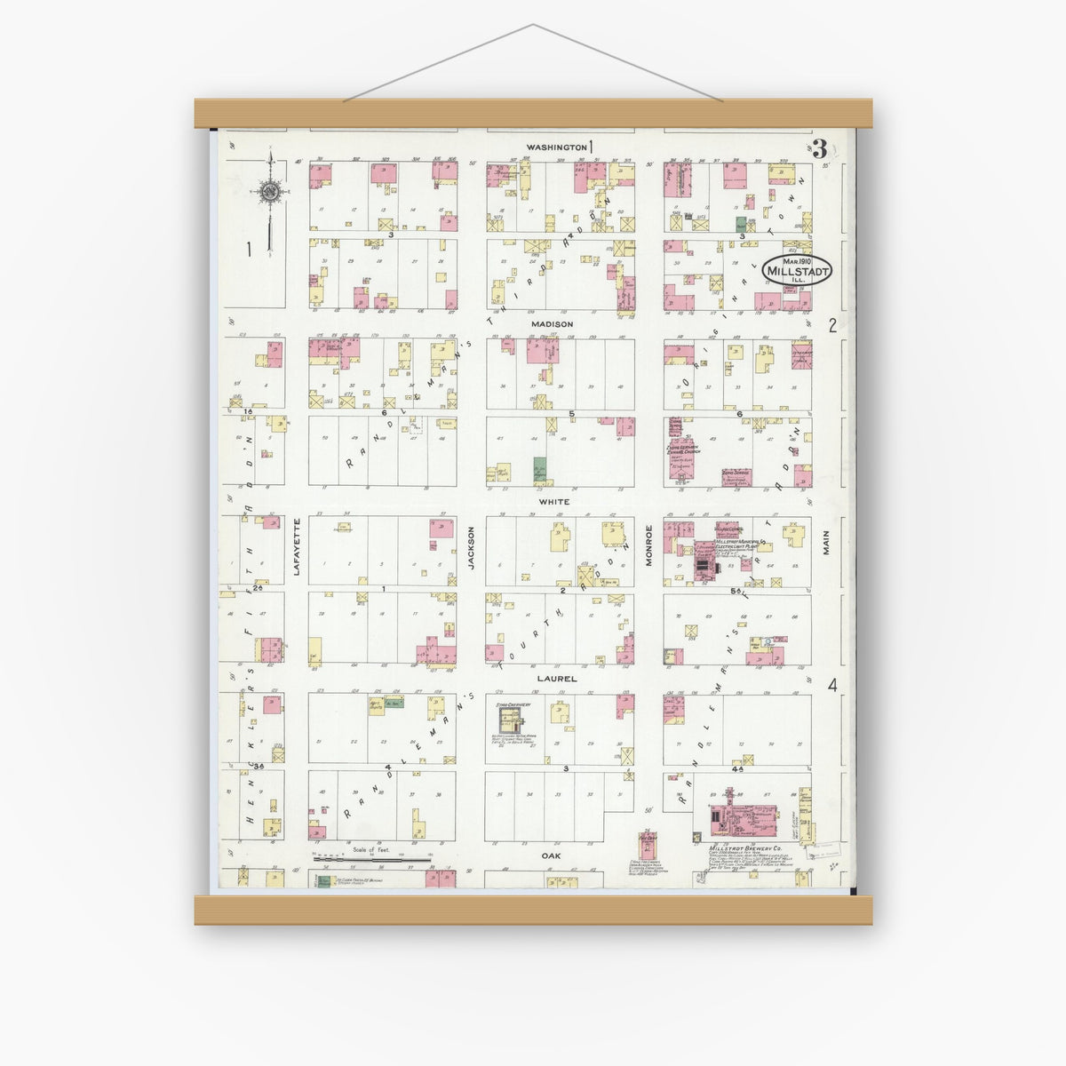 Old map wall art mockup — magnetic wood frame on white wall — Sanborn Fire Insurance Map from Millstadt, Saint Clair County, Illinois (1910), Sheet #0003