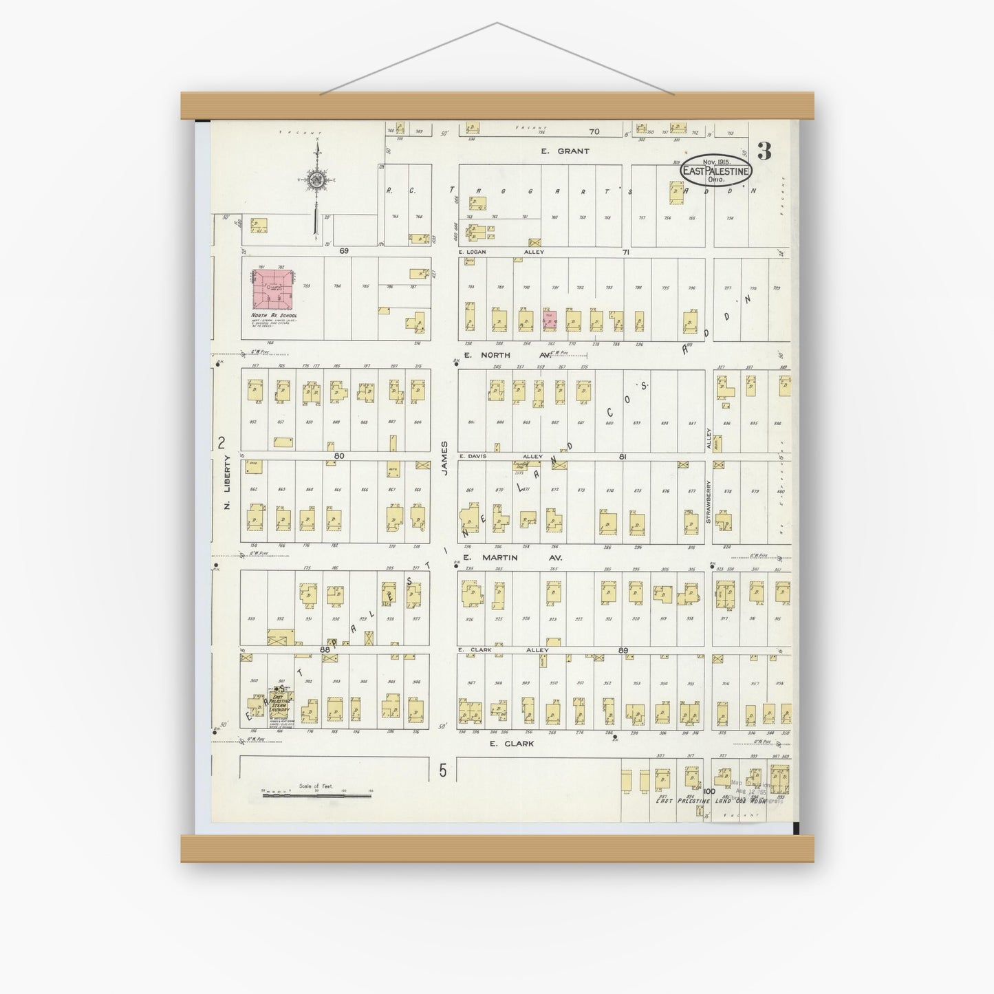 Old map wall art mockup — magnetic wood frame on white wall — Sanborn Fire Insurance Map from East Palestine, Columbiana County, Ohio (1915), Sheet #0003
