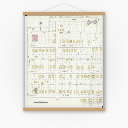 Old map wall art mockup — magnetic wood frame on white wall — Sanborn Fire Insurance Map from East Palestine, Columbiana County, Ohio (1915), Sheet #0003