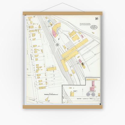 Old map wall art mockup — magnetic wood frame on white wall — Sanborn Fire Insurance Map from Lorain, Lorain County, Ohio (1905), Sheet #0016