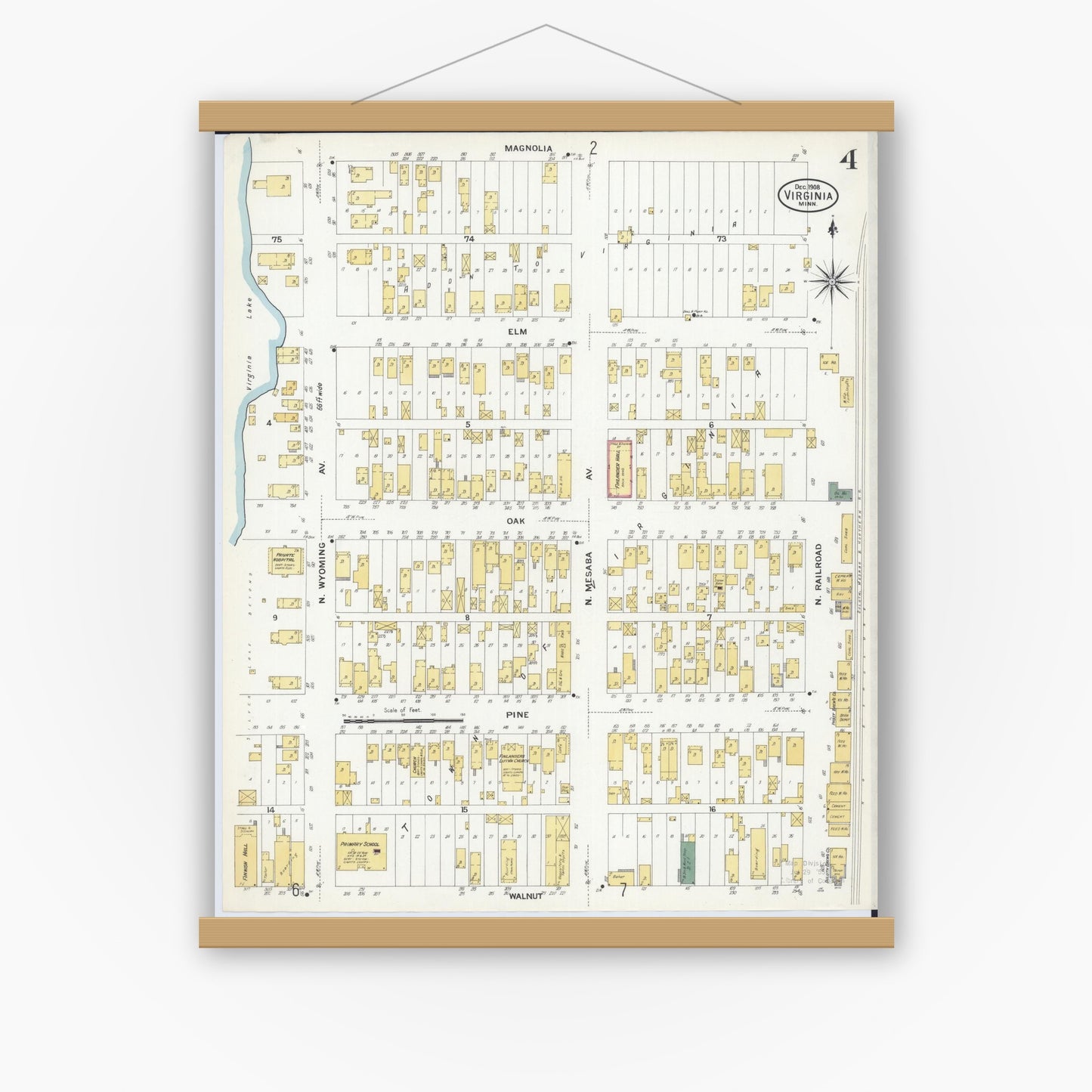 Old map wall art mockup — magnetic wood frame on white wall — Sanborn Fire Insurance Map from Virginia, Saint Louis County, Minnesota (1908), Sheet #0004