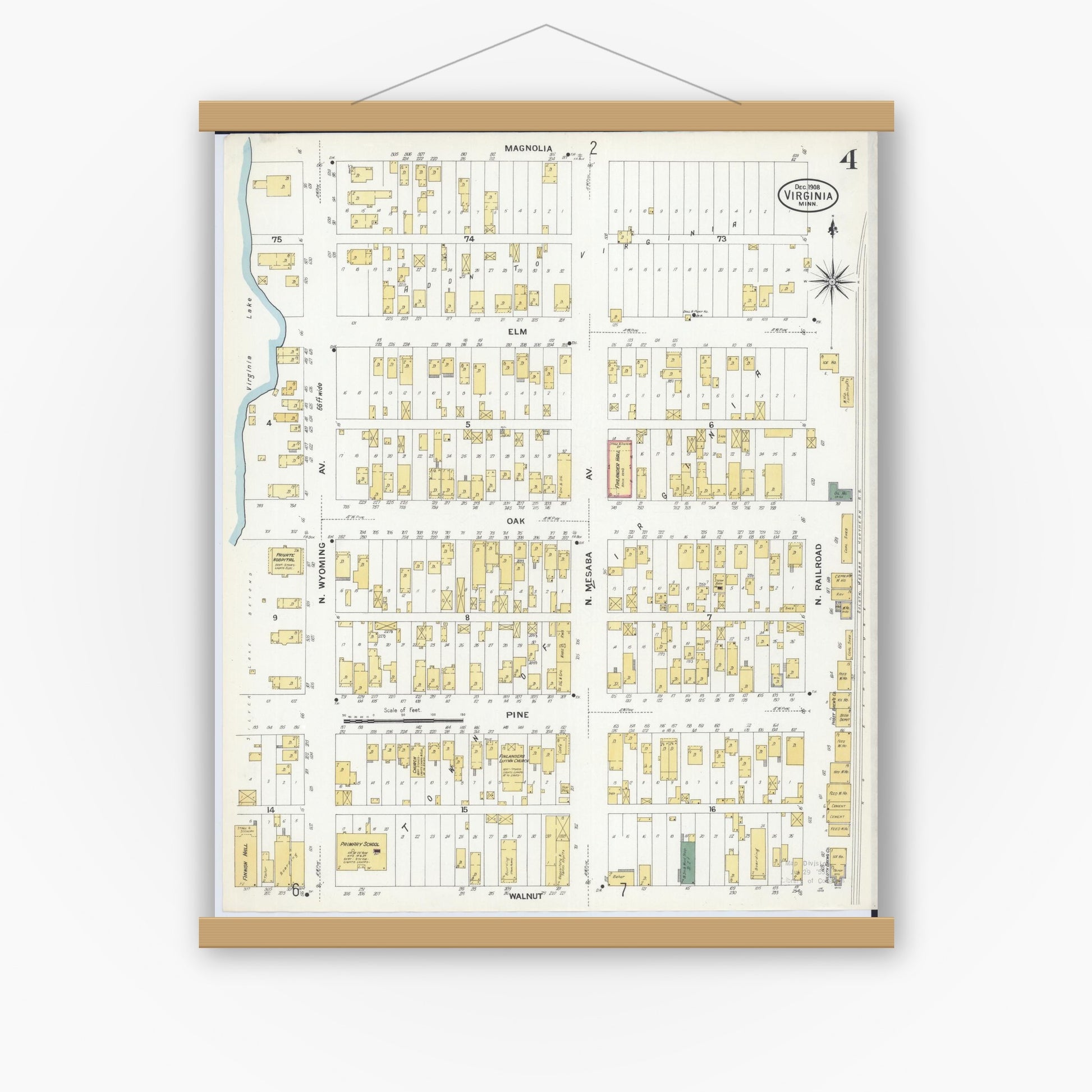 Old map wall art mockup — magnetic wood frame on white wall — Sanborn Fire Insurance Map from Virginia, Saint Louis County, Minnesota (1908), Sheet #0004