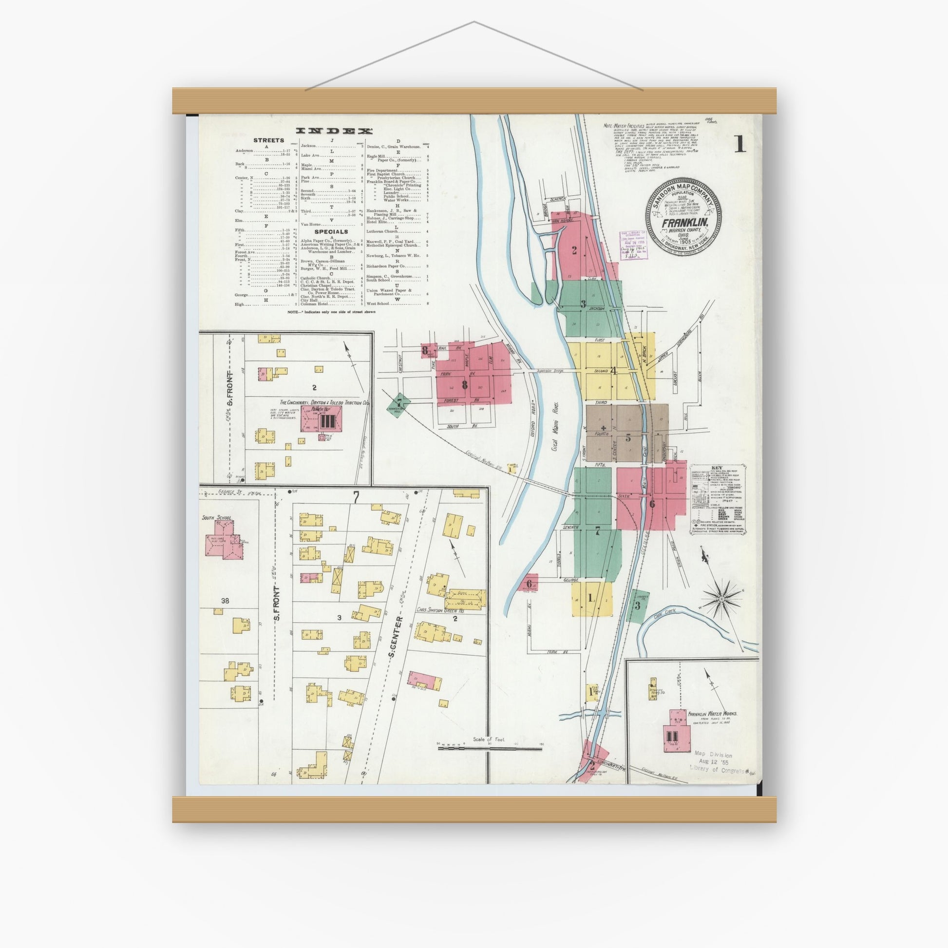 Old map wall art mockup — magnetic wood frame on white wall — Sanborn Fire Insurance Map from Franklin, Warren County, Ohio (1905) - Complete Map Set