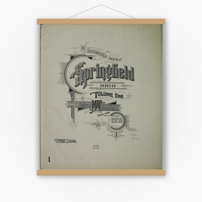Old map wall art mockup — magnetic wood frame on white wall — Sanborn Fire Insurance Map from Springfield, Clark County, Ohio (1928), Sheet #0001