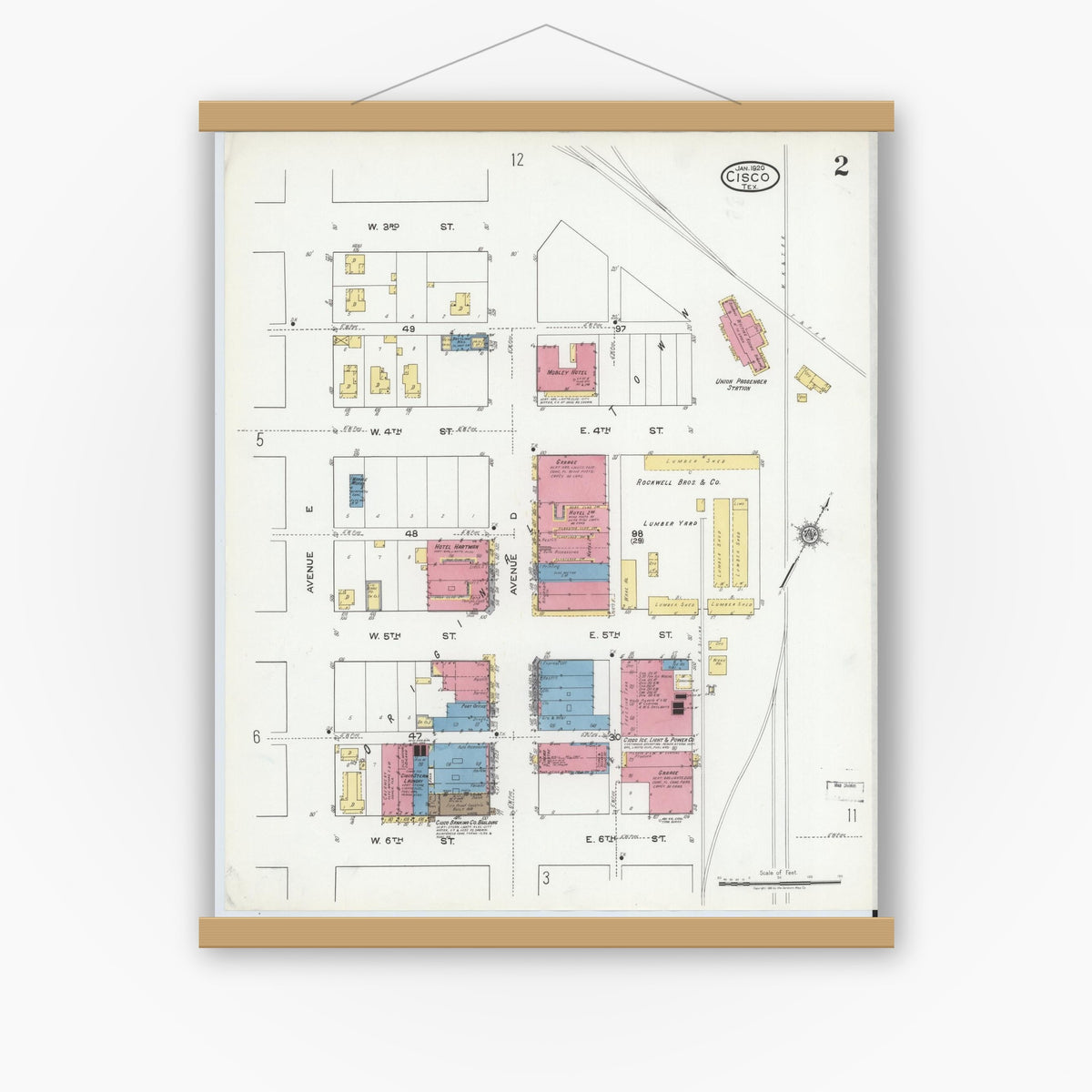 Old map wall art mockup — magnetic wood frame on white wall — Sanborn Fire Insurance Map from Cisco, Eastland County, Texas (1920), Sheet #0002