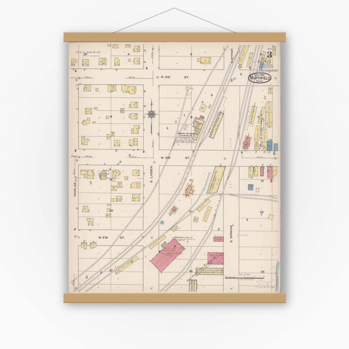 Old map wall art mockup — magnetic wood frame on white wall — Sanborn Fire Insurance Map from Northfield, Rice County, Minnesota (1922), Sheet #0003